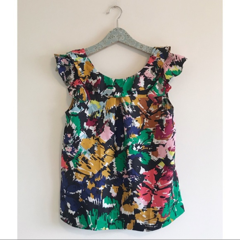 J Crew Silk Ruffle Brushstroke Top Multi Color